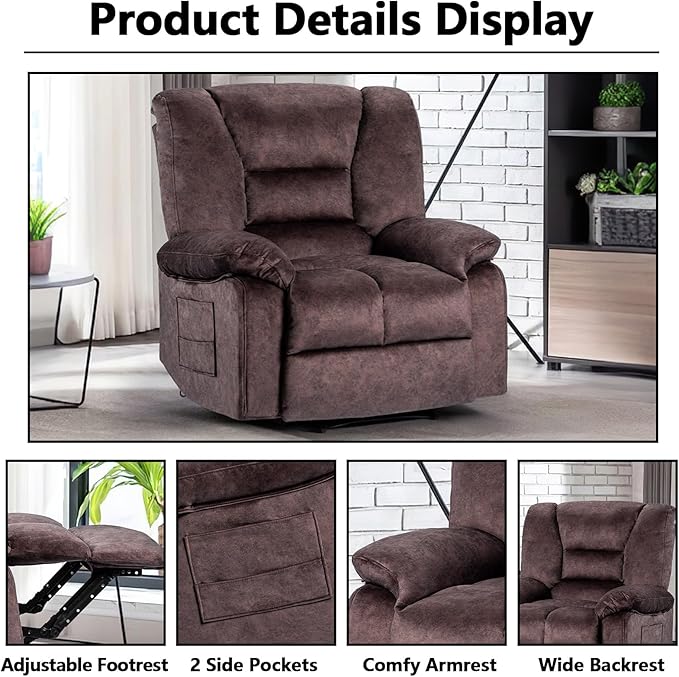 Fabric Lazy Boy Recliner Chair for Bedroom Manual Reclining Chairs for AdultsBrown Recliner Chair with Adjustable Backrest &amp Foootrest/Overstuffed Cushion Havy Duty (Brown)