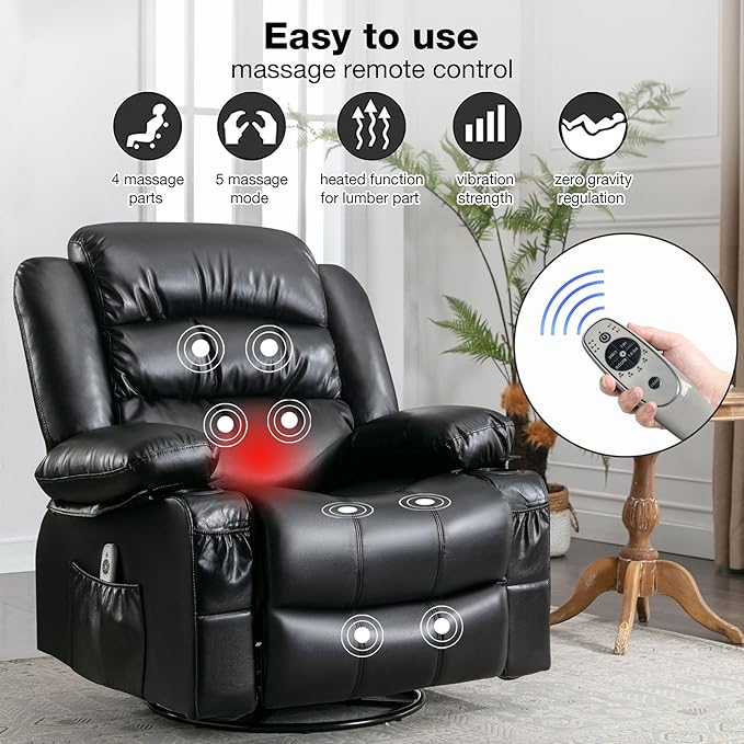 Electric Recliner Chairs for Adults Massage Recliner Chair with Heat 360 Swivel Recliners Chair for Living Room with 2 Cup Holders &amp USB Charge Port Rocking Function and Side Pocket (Black)