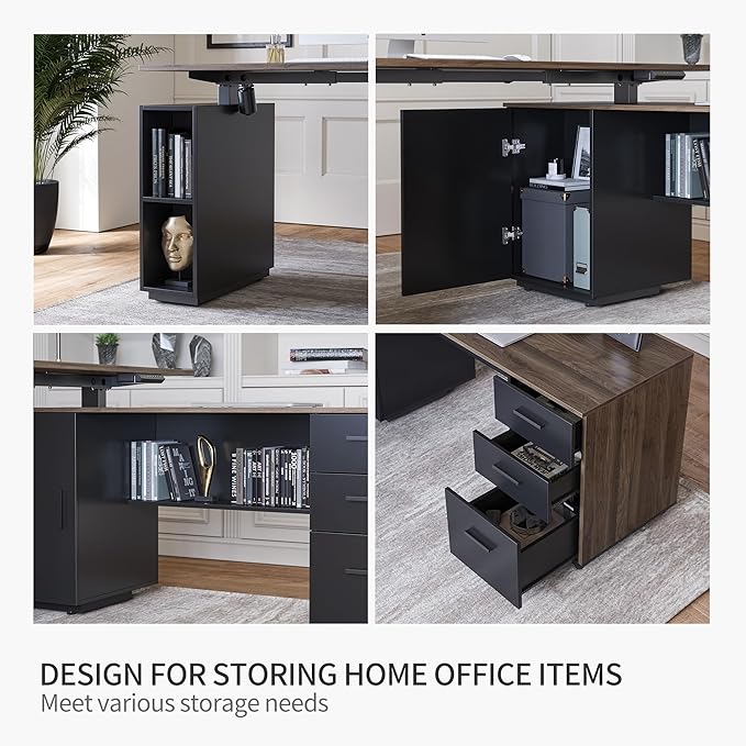 FEZIBO L Shaped Standing Desk 63 inch Executive Standing Desk Adjustable Height Desk with Storage Drawers for Home Office Deep Wood Grainy