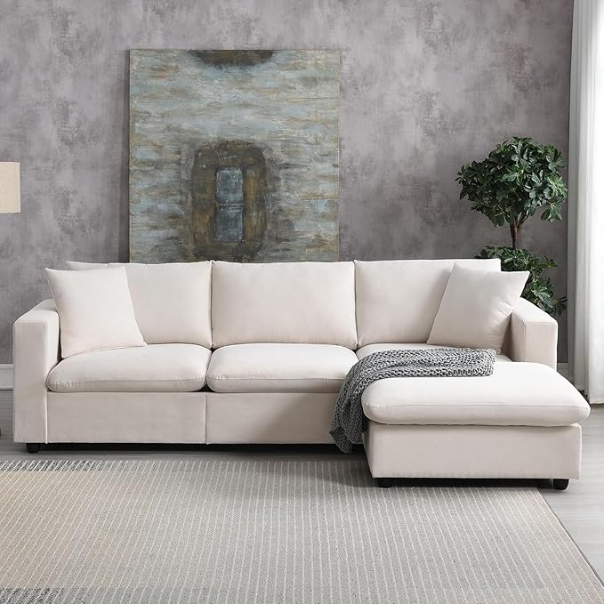 100.4 Modern Sectional Sofa with Ottoman - 3-Seat L-Shape Sofa Upholstered Fabric Couch Set for Living Room Apartment Office - Beige
