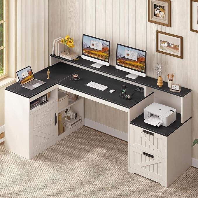 TVU Farmhouse L Shaped Desk with Drawers 62.2 Home Office Desk with Storage Shelves and Power Outlet L Shaped Computer Desk with Monitor Stand and Printer Shelf Black and White