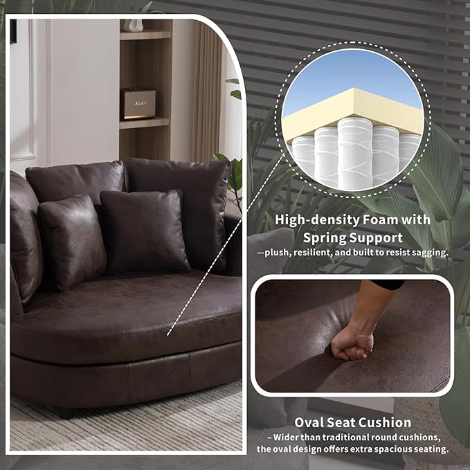 54.9''W Oversized Accent Barrel Chair Upholstered Faux Leather Comfy Couch Sofa with 5 Pillows for Bedroom Living Room Apartment Studio Brown.