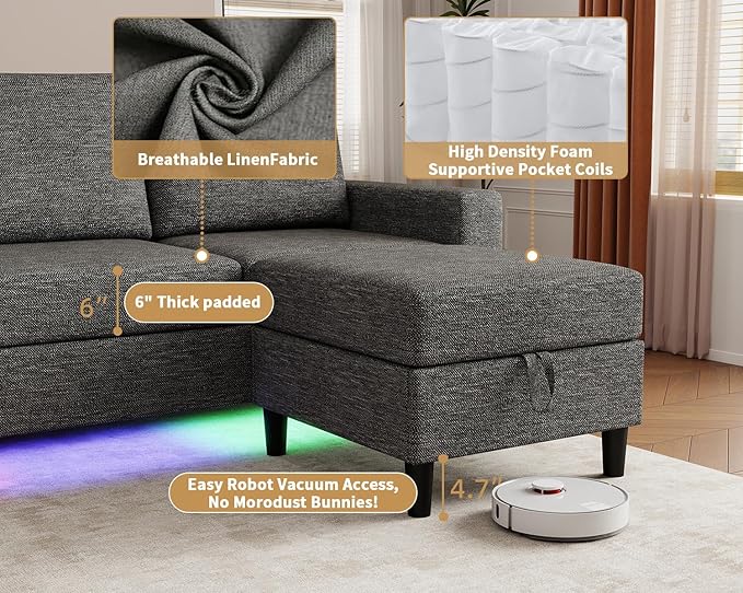 Smart Sectional Couches for Living Room 6 Seat U/L Shaped Sectional Sofa with RGB Light/Charging Modern Living Room Furniture for Apartments/Office/More (Dark Grey)