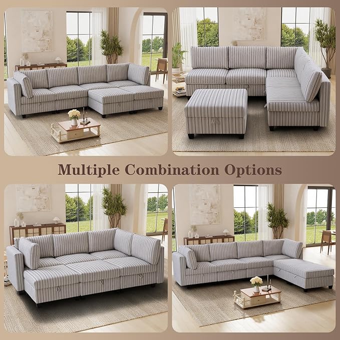 6 Seat Modular Sectional Sofa with Storage Convertible Sectional Couch Modular Sofa with Chaise Living Room Furniture Sets U Shaped Couch with Ottoman Couches for Living Room Blue Stripe