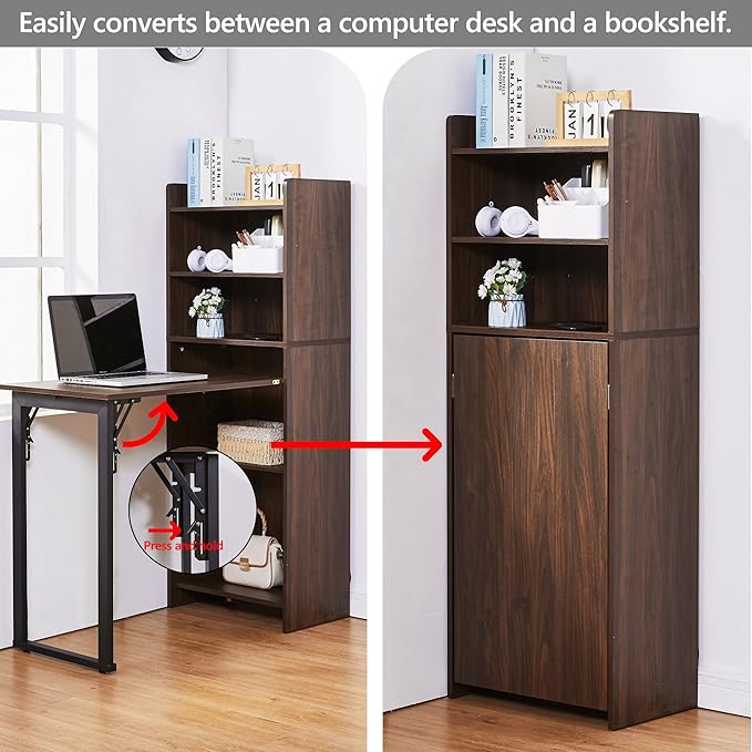 Foldable Desk with StorageHidden Desk with Built-in SocketFold Out Writing Table for Small SpacesHome Office and Bedroom (Dark Walnut)