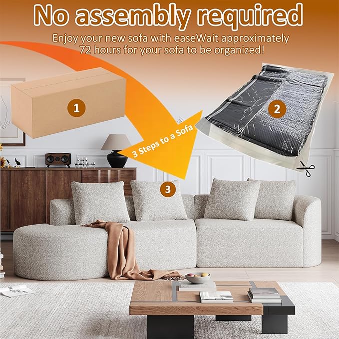 112-inch Curved Sofa Modular Sectional Modern Oversized Chenille Cloud Memory Foam Compression Boneless Sofa Couch with 4 Pillows for Living Room Bedroom Office Left Facing Chaise Beige