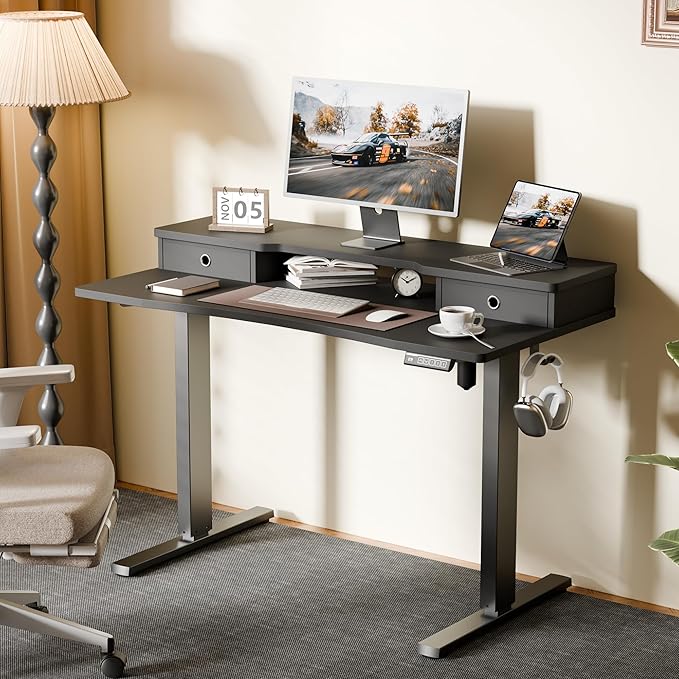 Realbear 48x24 Inch Electric Standing Desk with Drawers Height Adjustable Sit Stand Up Desk Storage Shelf Ergonomic Home Office Desk (Black 48 * 24 Inch)