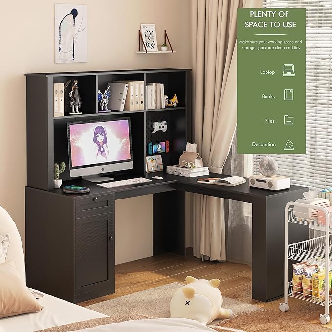 L Shaped Desk with ChargerComputer Desk with DrawersBookshelfModern Corner DeskHome Office DeskL-Shaped Study Table Writing DeskCarbon fiber Gaming Computer Desk with Storage (59 Black)