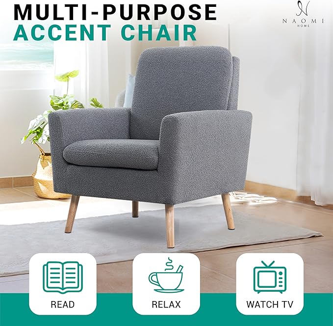 Naomi Home Frida Modern Accent Chair with Plush Fabric Ergonomic Indoor Lounge Chair Comfy Arm Chair for Bedroom &amp Living Room Chairs with Oak Legs and Thick Cushioning