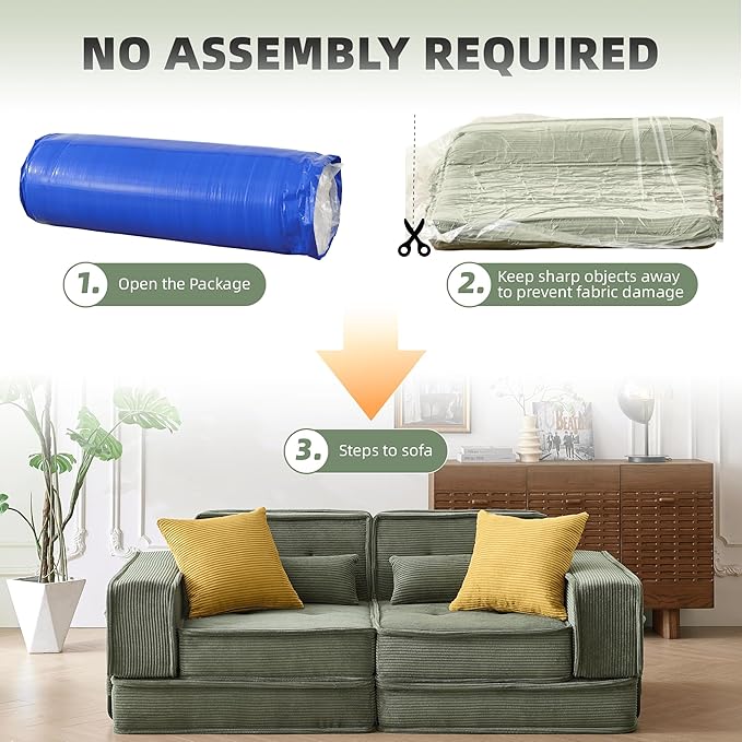 Modular Sofa Bed No Assembly Required Sectional Couch for Living Room Compressed Cloud Couch with Corduroy Fabric &amp Lumbar Pillows Small Space Furniture Green