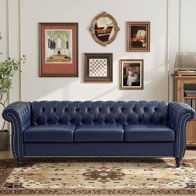 LEVNARY Chesterfield Sofa 3 Seater Tufted Couch for Living Room Classic Button Tufted Upholstered Sofa Modern Mid-Century PU Leather Sofa (Blue)