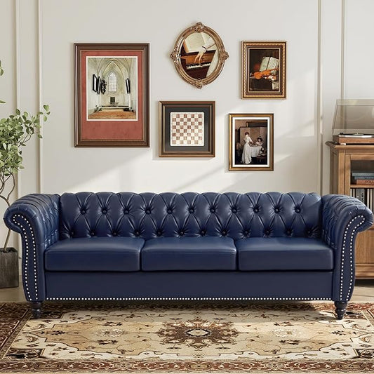 LEVNARY Chesterfield Sofa 3 Seater Tufted Couch for Living Room Classic Button Tufted Upholstered Sofa Modern Mid-Century PU Leather Sofa (Blue)