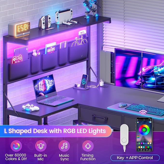SEDETA L Shaped Gaming Desk 47.2 Reversible Small Computer Desk with 5 Drawers and Storage Shelves Corner Gaming Desk with LED Lights and Power Outlet Black