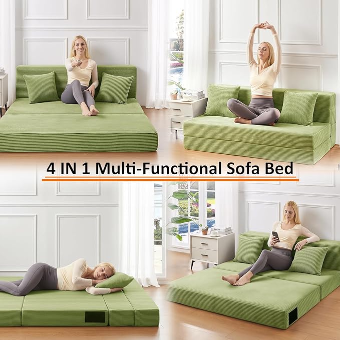 Single Size Folding Sofa Bed - 4 in 1 Convertible Sleeper Chair - High Density Memory Foam Futon Couch - Foldable Bed for Living Room Bedroom (Green)