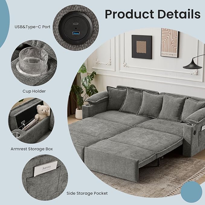 82.7’’ King Size Light Grey Pull Out Sofa Bed 3 in 1 Convertible Sleeper Sofa Bed with Futon Sofa  Chenille Loveseat Couch Bed with USB and Storage Pockets for Living RoomBedroom Pet-Friendly | Pu