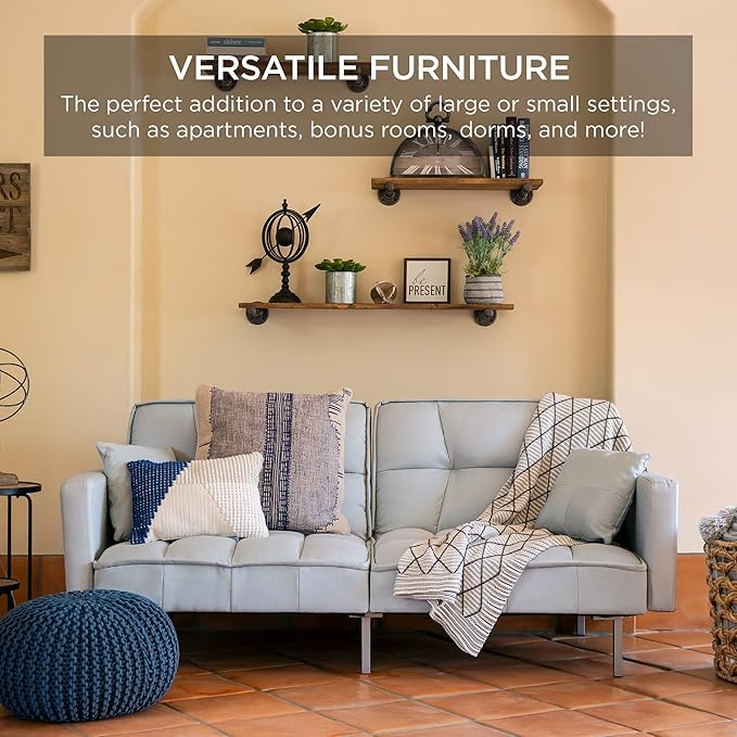 Best Choice Products Convertible Linen Fabric Tufted Split-Back Plush Futon Sofa Furniture for Living Room Apartment Bonus Room Overnight Guests w/ 2 Pillows Wood Frame Metal Legs - Light Gray