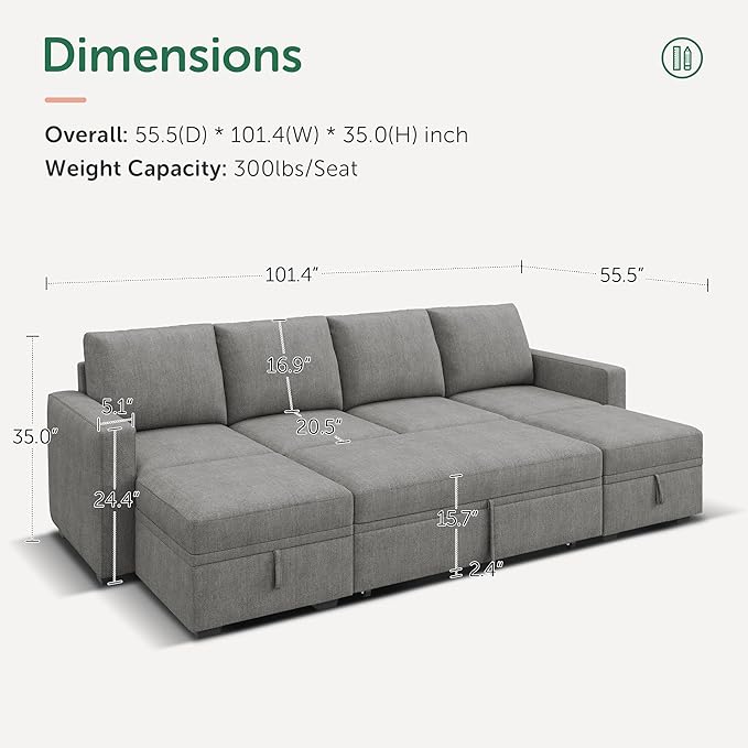 HONBAY Modular Sectional Sleeper Sofa Bed Chenille Pull Out Couch with Storage Ottoman U Shaped Sectional Couches for Living Room Warm Grey