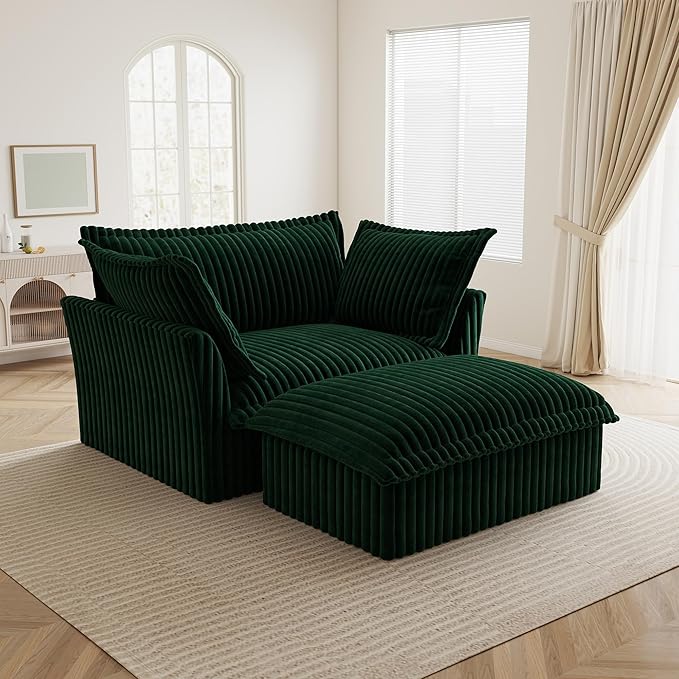 Modular Accent Armchair with Ottoman and Pillows Soft Corduroy Lounge Chair for Living Room Bedroom or Reading Nook – Oversized Chaise Lounge Design (Green Chair+Ottoman)