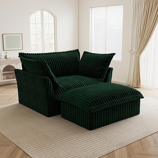 Modular Accent Armchair with Ottoman and Pillows Soft Corduroy Lounge Chair for Living Room Bedroom or Reading Nook – Oversized Chaise Lounge Design (Green Chair+Ottoman)
