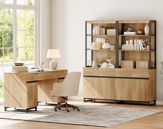 WAMPAT 59 Modern Executive Desk with Drawers Home Office Computer Desk with Charging Station File Drawer Storage Cabinet Wood Writing Desk for Work and Study Oak