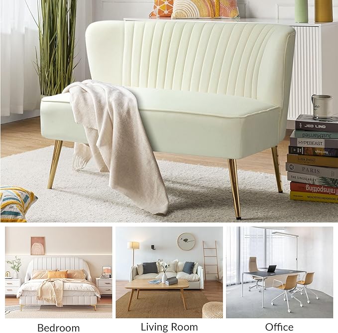 HULALA HOME Velvet Loveseat Sofa with Gold Legs Mid-Century Modern Upholstered Love seat Couch Tufted Small 2-Seat Sofa Armless for Living Room Bedroom Apartment Small Spaces TAN
