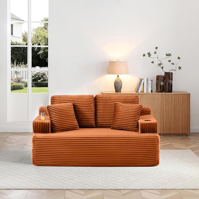 Floor Loveseat Boneless Sofa Couch in a Box with Cup Holder and Side Pockets Corduroy Upholstered 2 Seater Cloud Foam Sofa with Deep Seating for Living Room No Assembly | Breathable material Cuphol