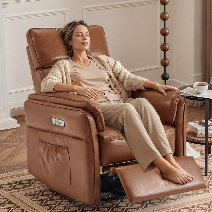 Power Recliner Rocking Chair Nursery Gliders with Adjustable Armrests and Headrest Swivel Electric Glider Reclining Nursing Chair with USB Port and Storage Bags FSC Certified (Leather Brown)