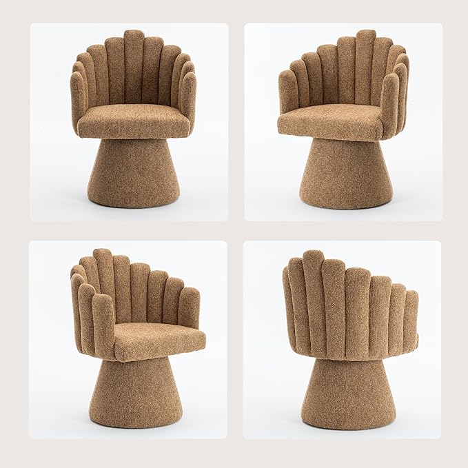 Swivel Accent Chair Modern 360° Barrel Chair with Shell-Shaped Back Tufted Vanity Armchairs for Living Room Bedroom Reading Room Camel