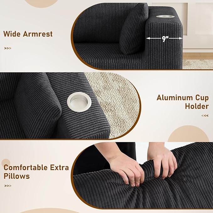 Furnimart 112 Oversized 3 Seater Sleeper Couch Sectional Sofa Bed Boneless Cloud Couches for Living Room Modern Deep Seat Modular Sofa No Assembly Corduroy Black