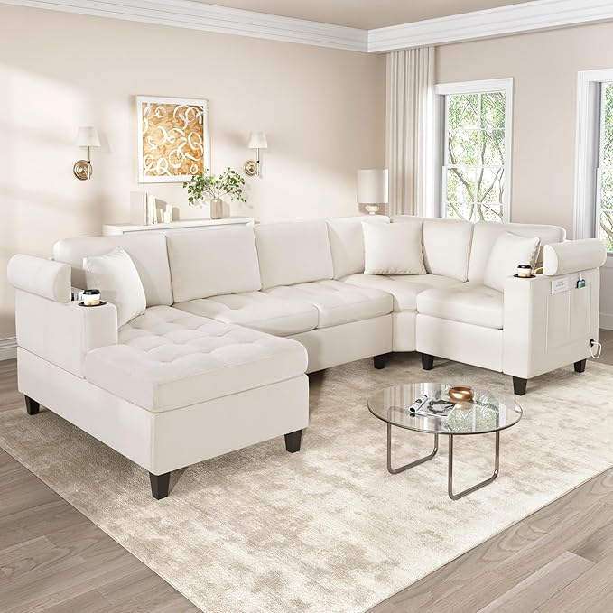 Modern U-Shaped Sectional Sofa 115.7 Corner Sectional Living Room Couch Oversized Sectional with Built-in Cup Holders Storage Space and USB Ports for Living Room (Beige-X22)