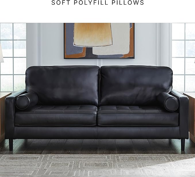 Signature Design by Ashley Bryceview Contemporary Leather Match Tufted Sofa with 2 Bolster Pillows Black