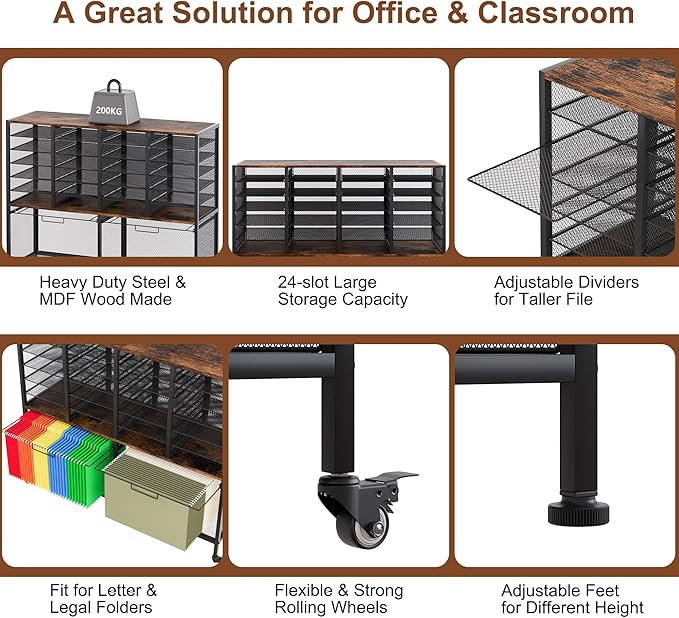 EasyPAG Rolling File Cart with 24 Slot Mail Organizer Under Desk Storage with Hanging File Rack for Letter/Legal Folders Mobile Filing Cabinet Printer Stand for Office Home Classroom Black
