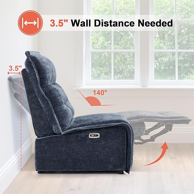 MCombo Wall Hugger Armless Power Recliner Chair with USB Ports 29.5 Extra Wide Seat Oversized Fabric Powered Reclining Sofa for Living Room Small Space ALR01 (Navy Blue)