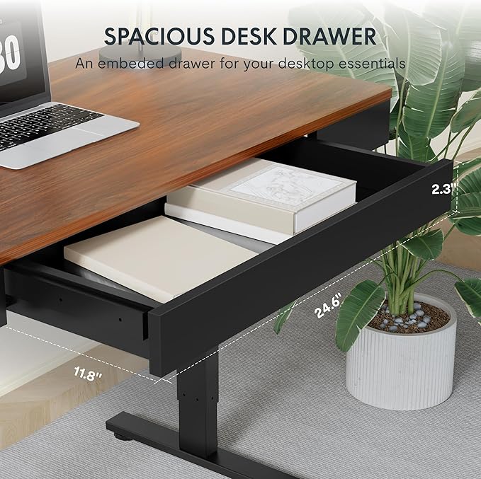 FLEXISPOT Q5 Standing Desk with Drawer 48 x 24 Inch Electric Adjustable Height Stand Up Desk with Storage Organizer Whole Piece Wooden Desktop for Home Office Computer Workstation Dark Walnut