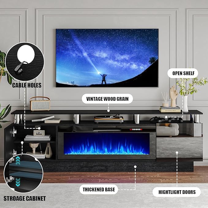 70 Modern Fireplace TV Stand with 36 Electric Fireplace for TVs Up to 80 inch Luxury LED Light Entertainment Center with High Gloss Cabinet TV Consoles for Living Room Black