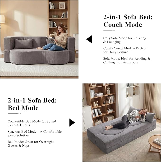 2-in-1 Folding Convertible Sofa Bed - 78 Inch Boneless Teddy Loveseat Sleeper Foldable Floor Futon Couch with Pillow Pull-Out Modular Matress for Small Spaces (Living Room/Bedroom/Dorm) (Gray)