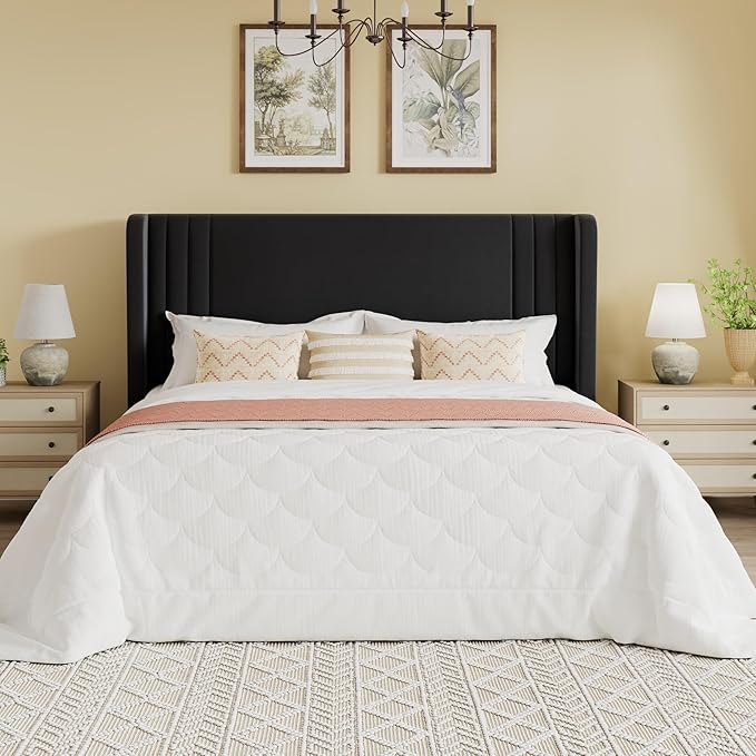 SHA CERLIN Full Size Velvet Upholstered Platform Bed Frame with Vertical Channel Tufted Wingback Headboard Wooden Slats Support Easy Assembly Under Bed Storage No Box Spring Required Black