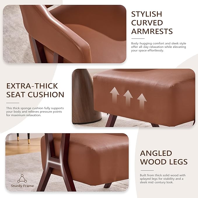 JIASTING Barrel Accent Chairs Brown Leather Chairs with Solid Wood Frame Mid-Century Modern Wooden Armchair with Wraparound Back Comfy Office Reading Chair for Living Room Bedroom (2 Brown)