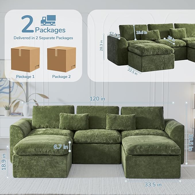 Modern Sectional Cloud Couch - 120'' Soft Modular Sectional Sofa – No Assembly Required - Deep Seat Couches with 2 Movable Ottomans - Oversized Chenille Sofa for Living Room - Green