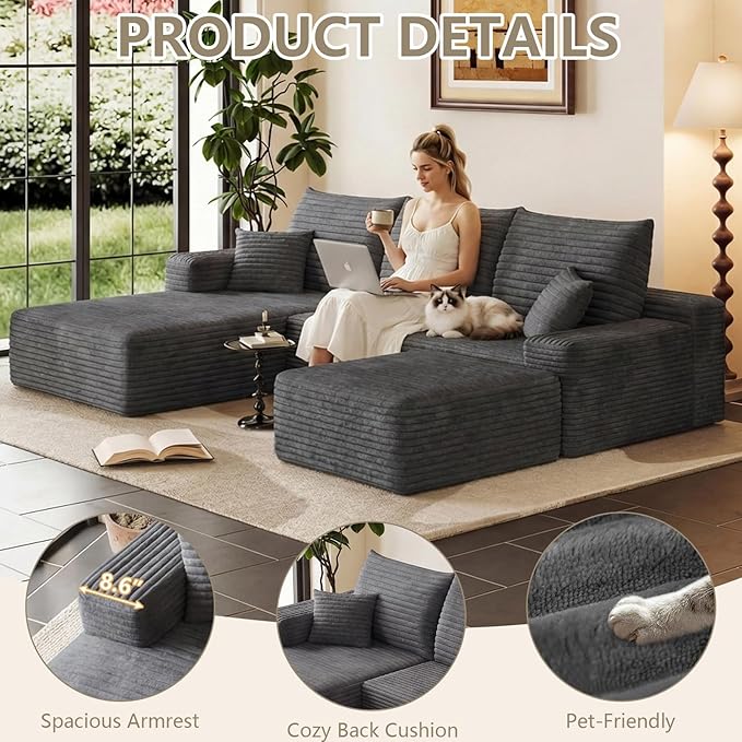 95 Modular Sectional Sofa Cloud Sectional Couch with Deep Seat Corduroy Boneless Couch with U Shaped Couch for Living Room No Assembly Required(Dark Gray Left Facing Chaise)