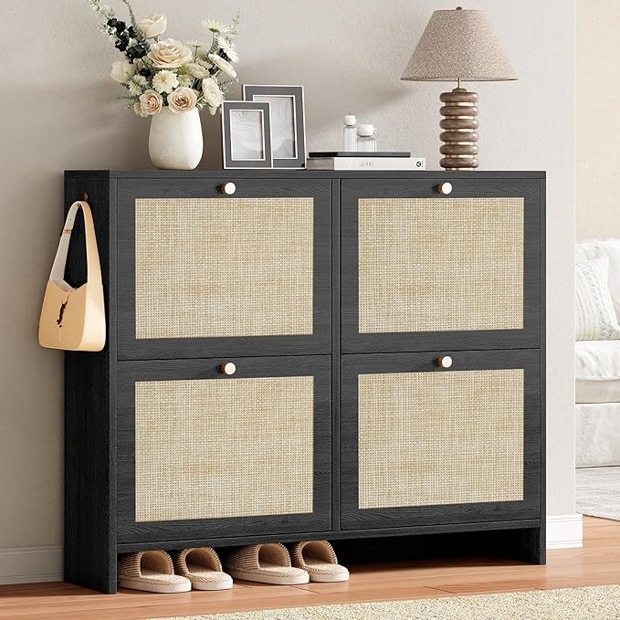 Nicetree Shoe Cabinet Storage for Entryway 4-Flip Drawer Narrow Shoe Rack Organic Modern Rattan Shoe Organizer with Gold Legs Shoe Organizer Fits Men's Size 13.5 Black