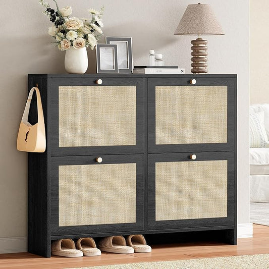 Nicetree Shoe Cabinet Storage for Entryway 4-Flip Drawer Narrow Shoe Rack Organic Modern Rattan Shoe Organizer with Gold Legs Shoe Organizer Fits Men's Size 13.5 Black