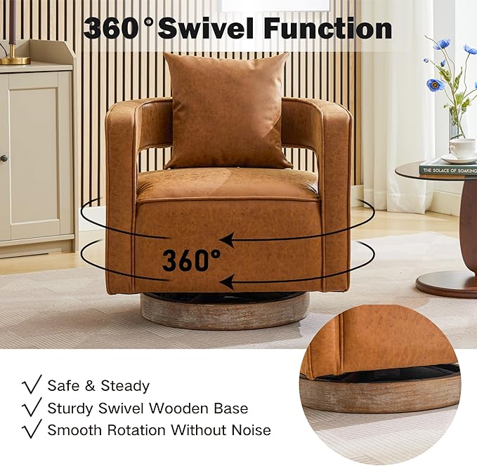 Chifee &amp Vingol 29.1 PU Leather Swivel Accent Chair Mid Century Retro Barrel Chair with Solid Wood BaseBrown