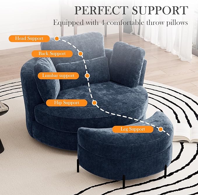 Aoiy &amp Wifon 50'' W Oversized Swivel Barrel Chair with Storage Ottoman Navy Round Swivel Accent Chair with Half Moon Ottoman for Living Room Deep Seat &amp Extra Wide Chenille