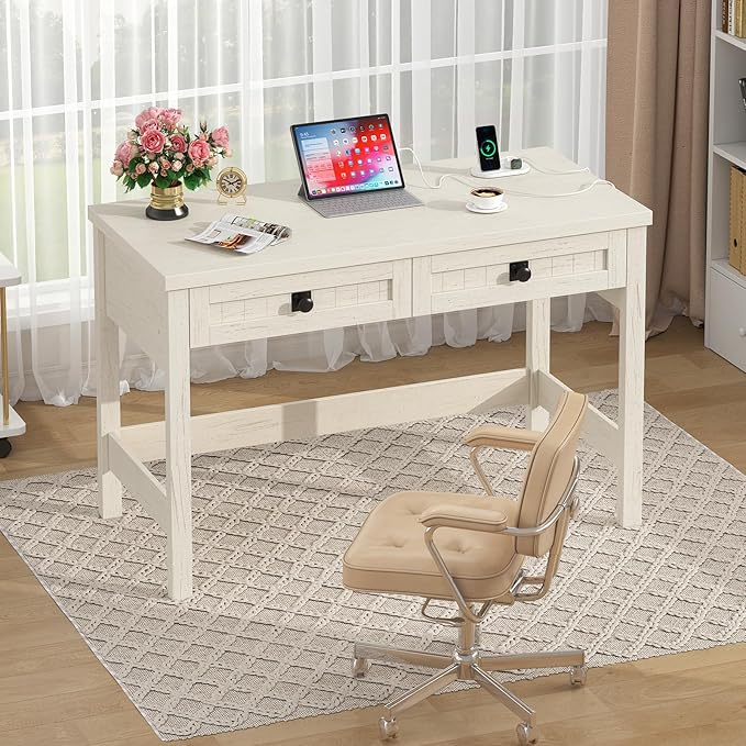 Farmhouse Computer Desk with 2 Drawers 39 Inch Small Office Computer Desk with Power Outlets Compact Writing Study Vanity Desk for Small Spaces White