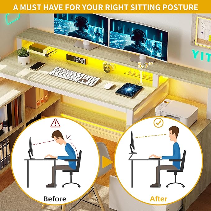 DWVO L Shaped Desk with Drawers 65 Computer Desk with Power Outlets &amp LED Lights Corner Home Office Desk with Storage Shelves &amp Printer Stand White &amp Oak