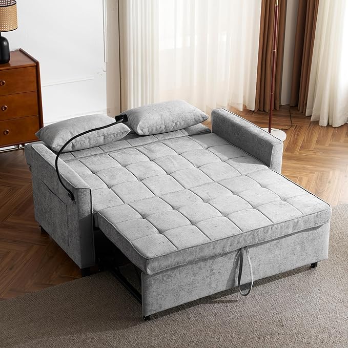 3 in 1 Convertible Sleeper Sofa Bed with Pull-out Bed 61 Chenille Chaise Lounge with 3-level Adjustable Backrest Tufted Loveseat with Phone Holder &amp 2 Soft Pillows for Living Room Apartment Gr