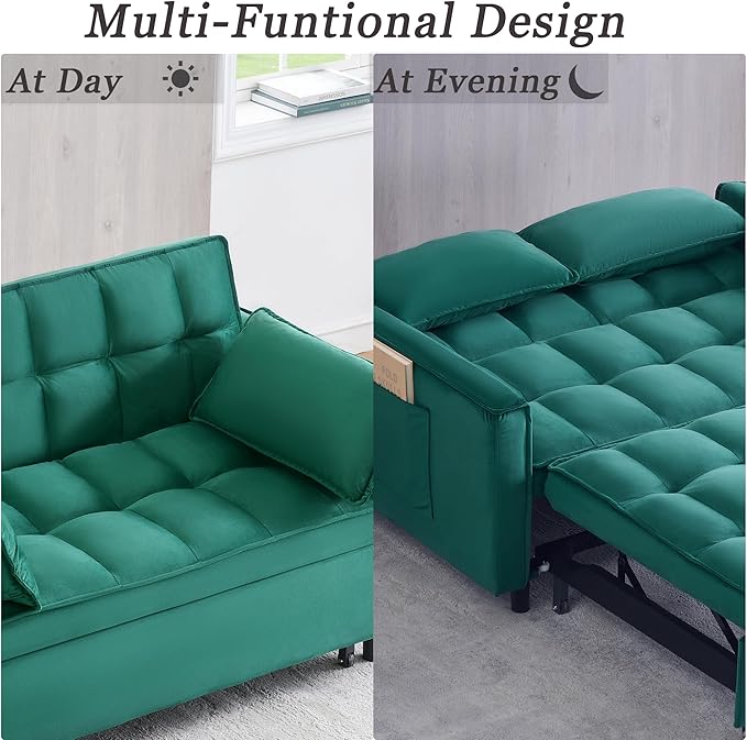 55 Sleeper Loveseat3 in 1 Sofa BedPull Out Couch Bed with 2 Pillows and Side PocketsVelvet Convertible Bed for Small Spaces Living Room (Green)