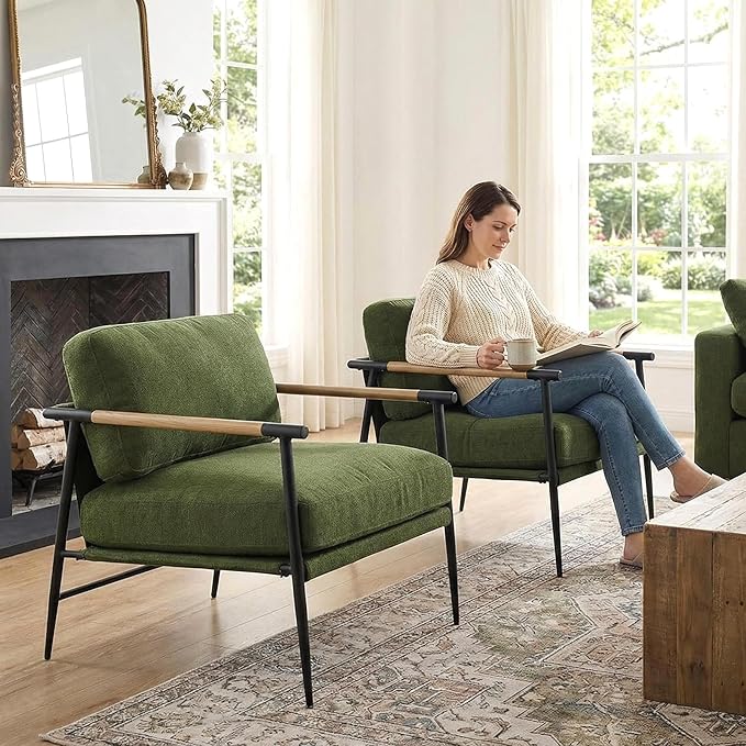 DUOMAY Green Modern Accent Chair Soft Linen Fabric Armchair Sofa Lounge Bedroom Chair with Metal Leg for Living Room Reading Office