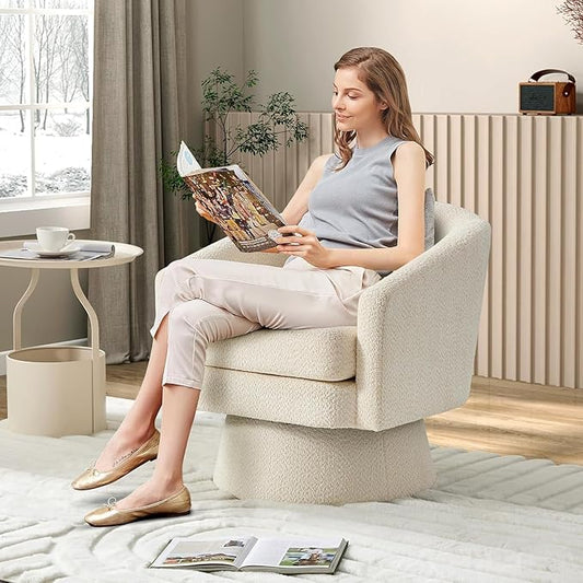 Modern Swivel Accent Chair 360° Barrel Chair with Armrests Comfy Upholstered Round Armchair Single Sofa for Living Room Bedroom or Office Beige